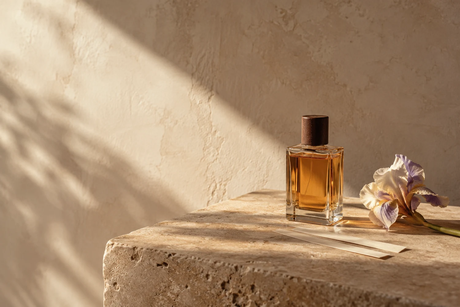 An unbranded amber perfume bottle, an iris and scent blotters in warm afternoon light